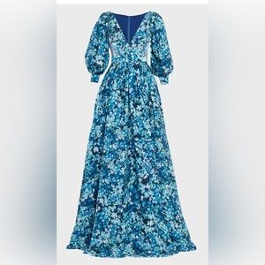 $1200 Badgley Mischka Collection Floral Print Puff Sleeve Maxi Gown
